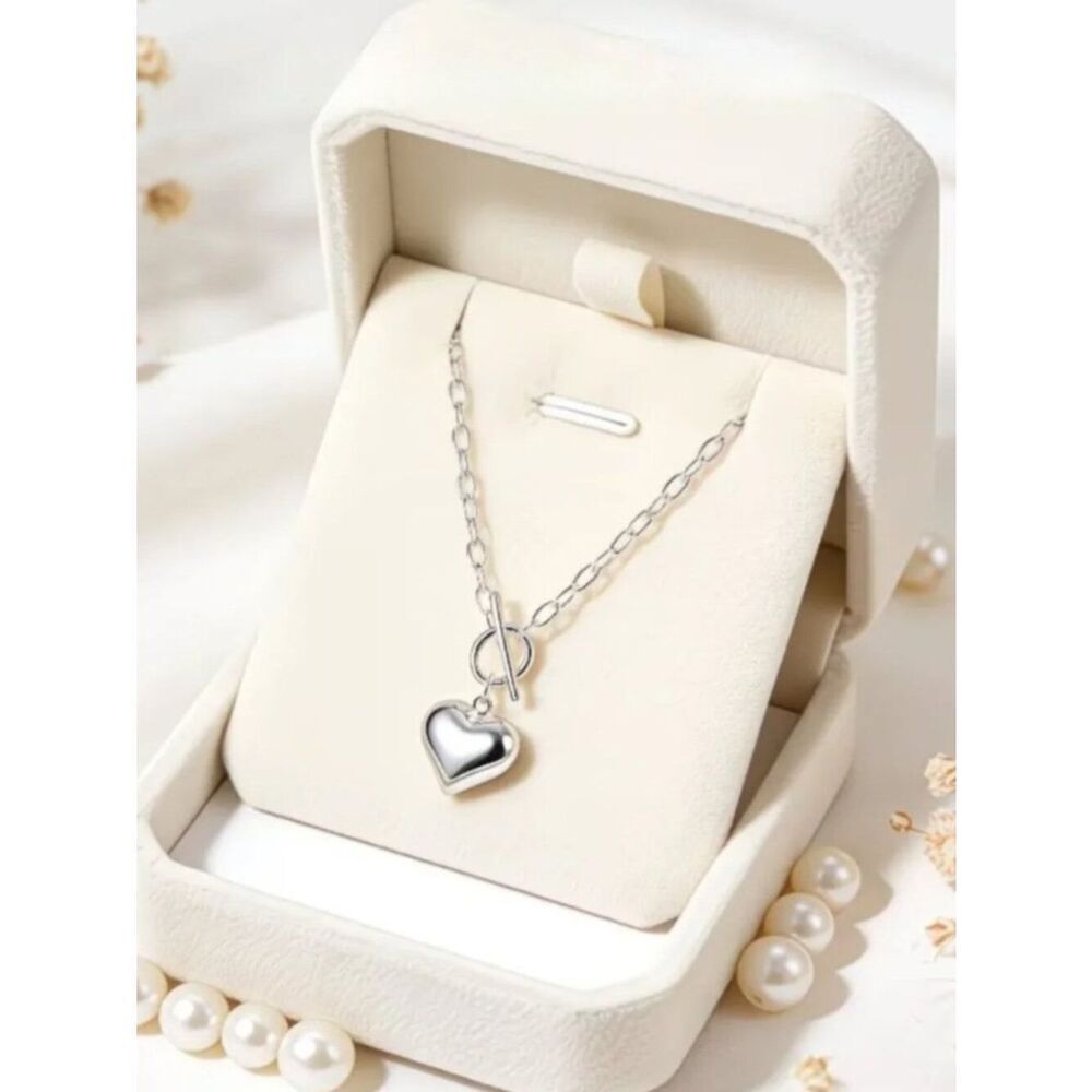 Puff Heart Pendant Belcher Chain Toggle Closure Necklace Stainless Steel